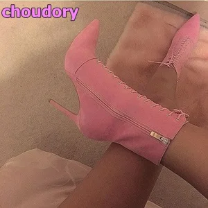 gražus rožinis suede kulkšnies moterų trumpi batai pažymėjo tne plonas aukšto kulno užtrauktukas bateliai nėrinių gladiatorių sexy batai dropship